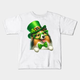 St Patricks Day Peeking Shetland Sheepdog Kids T-Shirt